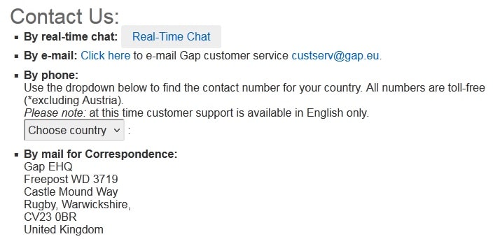 gap customer service uk