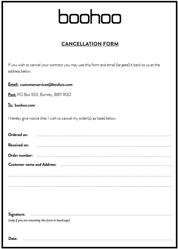 boohoo cancel order form